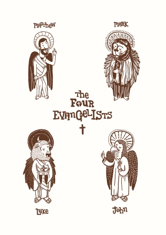 Each of the four evangelists, depicted in traditional Christian iconography as the winged creatures of Ezekiel 1.