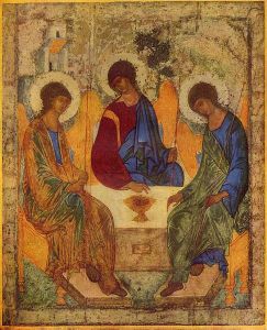The Holy Trinity by St. Andrei Rublev, using the theme of the "Hospitality of Abraham." The three angels symbolize the Trinity, which is rarely depicted directly in Orthodox art.